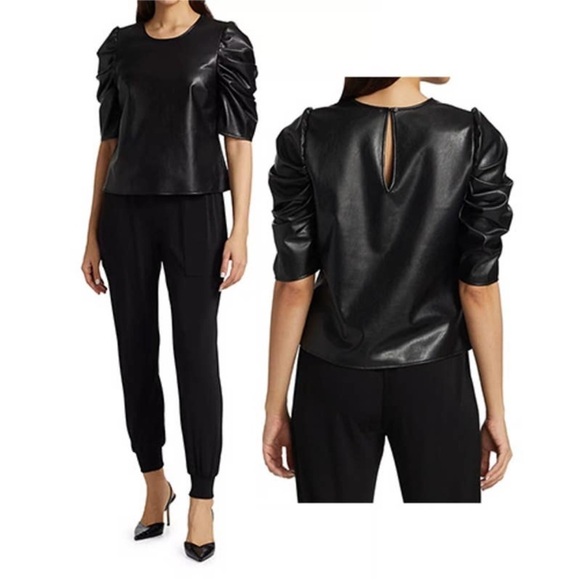 Cinq a Sept sz S Erin Short Sleeves Faux Leather Top Women's Black - Picture 3 of 8